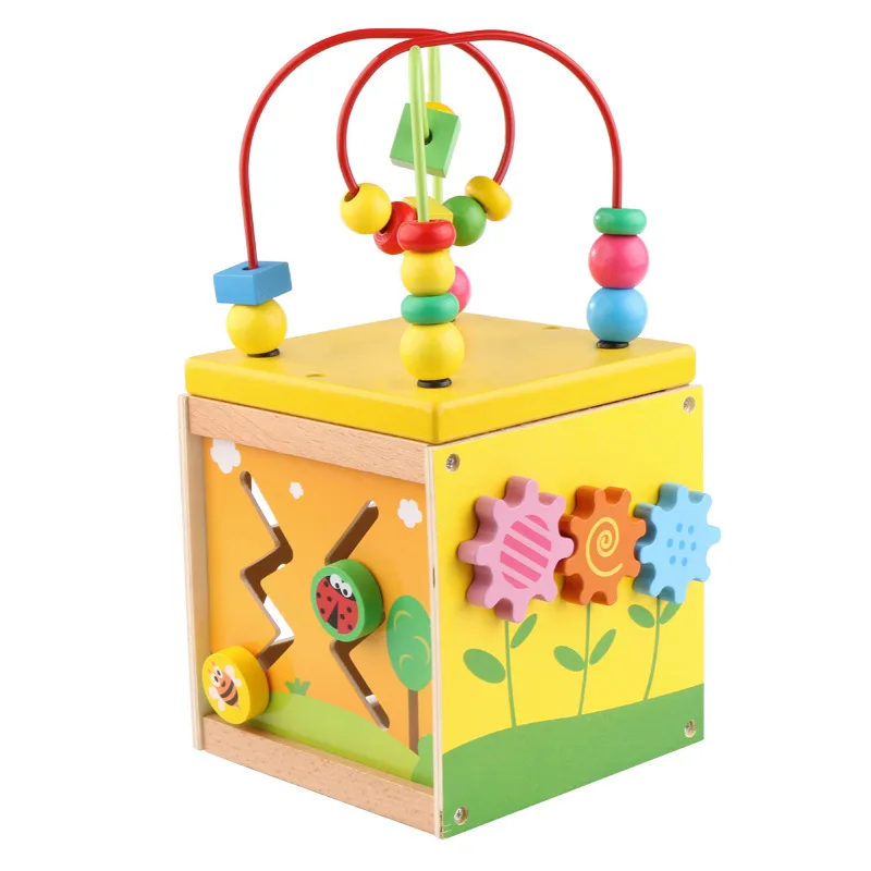 

Wooden Activity Cube Toys with Bead Maze Shape Sorter for Kids Developmental Toddler Educational Learning Boy Toys