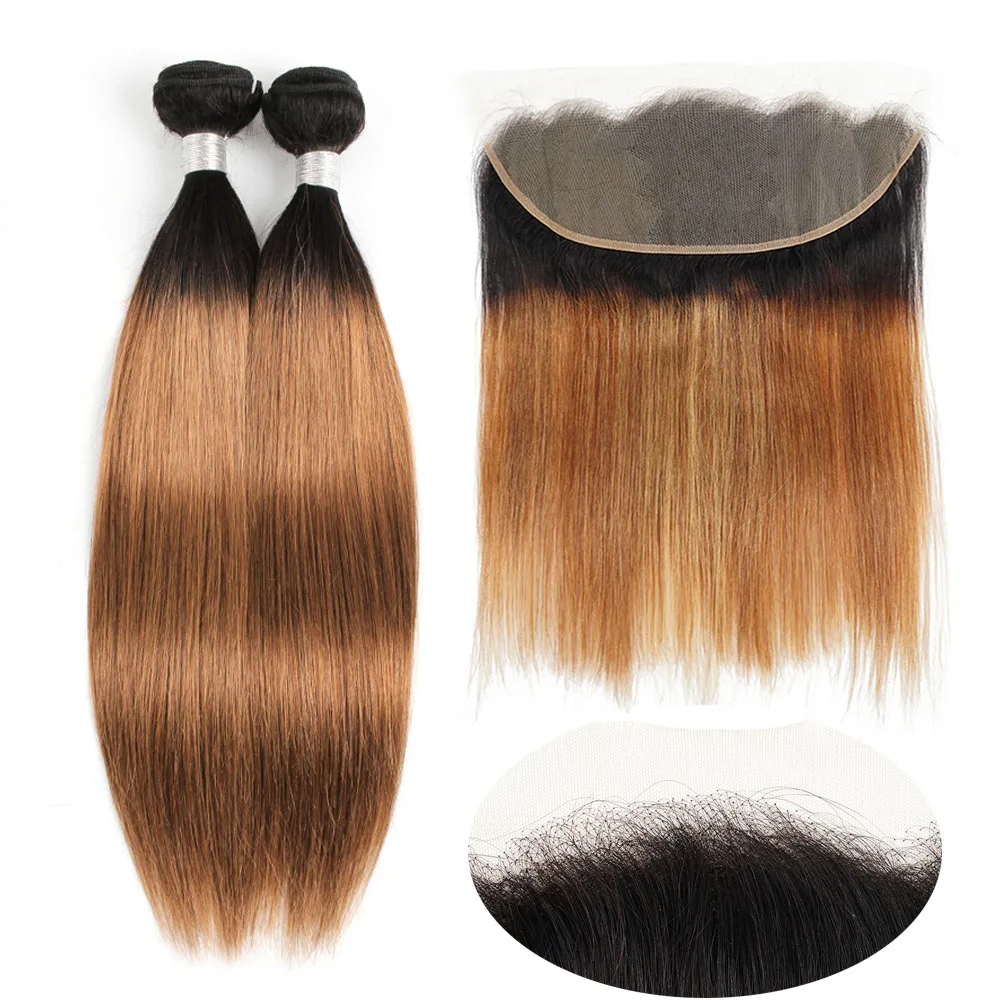 

1B 30 Ombre Brown Auburn Straight Remy Human Hair Bundles with 13x4 Lace Frontal Ear to Ear Pre-Plucked BOBBI COLLECTION