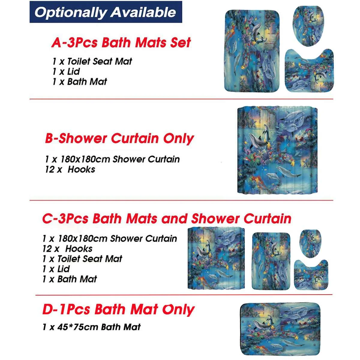 

3D Ocean Dolphin Shower Curtain Set Bathroom Curtains Waterproof Thickened Polyester Bath Curtain w/ Hooks Non Slip Bath Mat Set