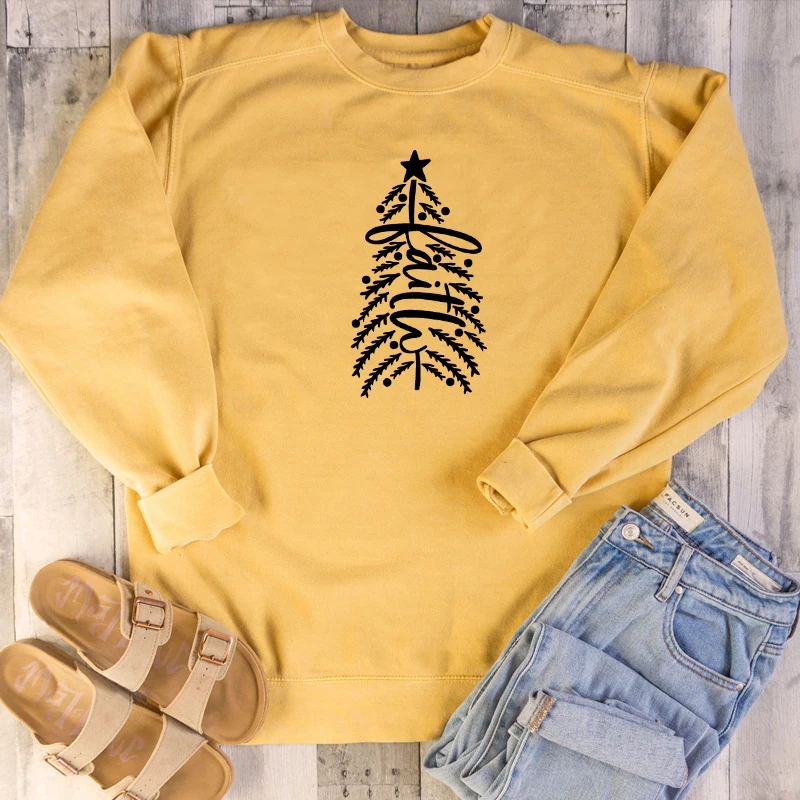 

Women's Faith Christmas Tree Word sweatshirt unisex cotton casual hipster religion Christianity pullovers graphic art tops P039