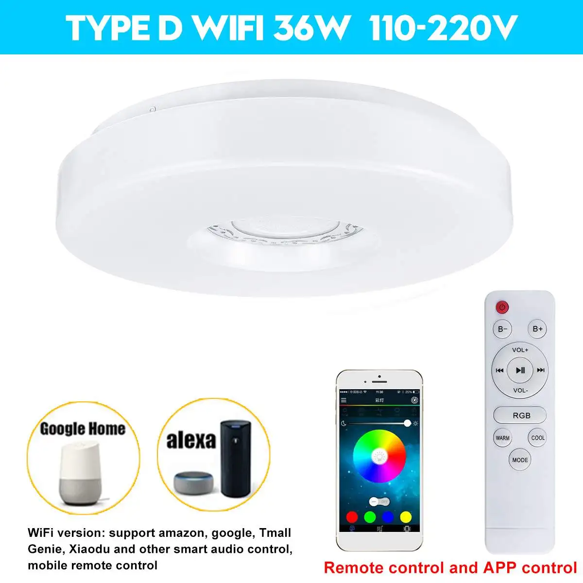 

Wifi Modern RGB Dimmable LED Ceiling Light Home Lighting 36W 72W Remote&APP Control bluetooth Music Light Smart Bedroom Lamp