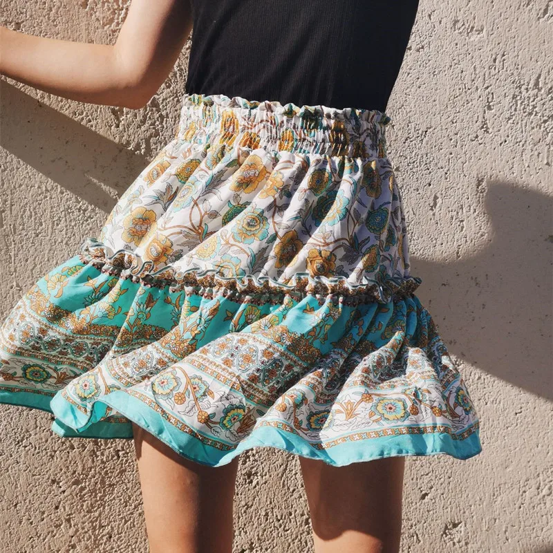 

Summer Floral Printed Mini Skirt Women Ruffled Bohemian Fashion Pleated Elastic band Splicing High-waisted skirt Retro Sexy