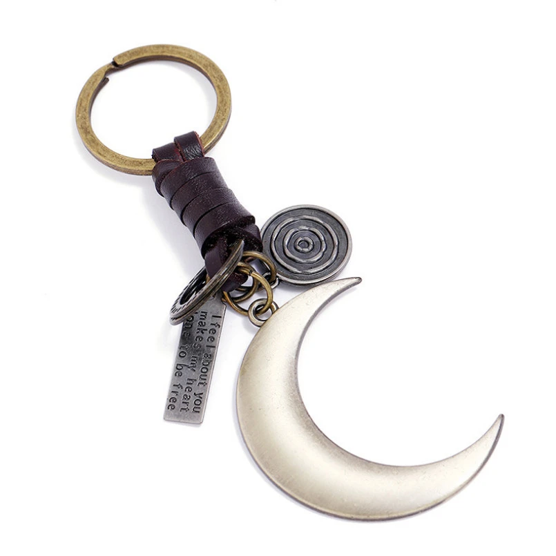 

Keychain Fashion Vintage Bronze Moon Alloy Pendant Bag Holder Handmade Leather Keyring Car Key Chain Unisex Accessories Jewelry
