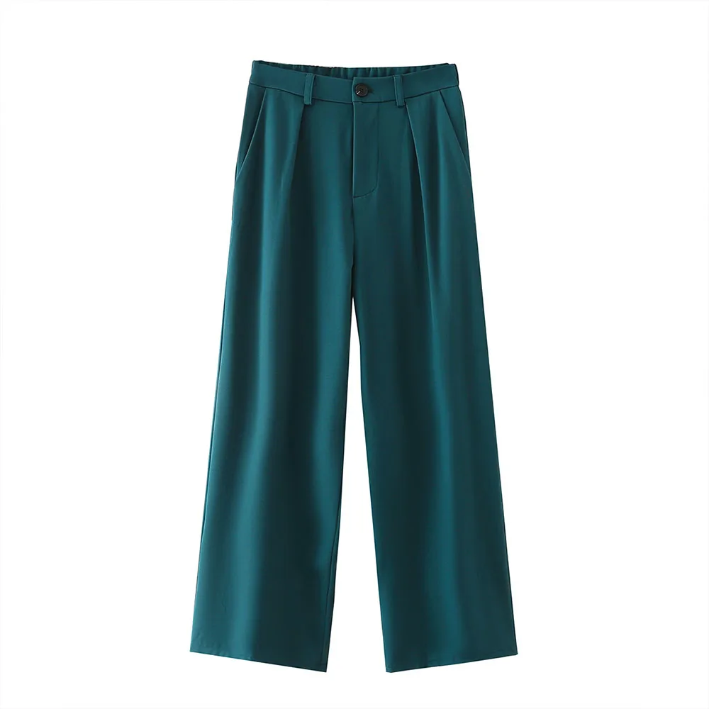 

Women 2021 Early Autumn New Chic Fashion green Wide-leg Pants Vintage High Waist Side Pockets Female Trousers Mujer