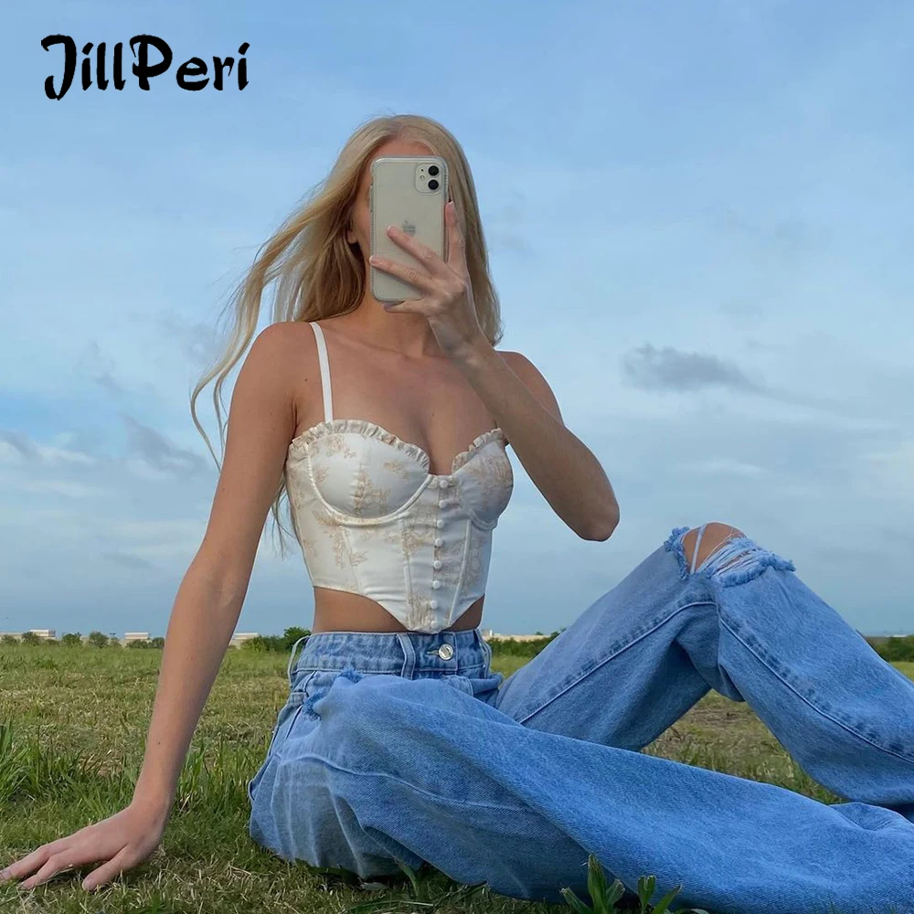 

JillPeri летний укороченный топ на бретельках с цветочным принтом, женская зеленая короткая одежда с косточками, сексуальная одежда для вечеве...