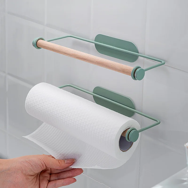 

Kitchen Paper Towel Rack Wrought Iron Wall-Mounted Oil-Absorbing Paper Cling Film Free Perforated Rag Roll Paper Storage Frame