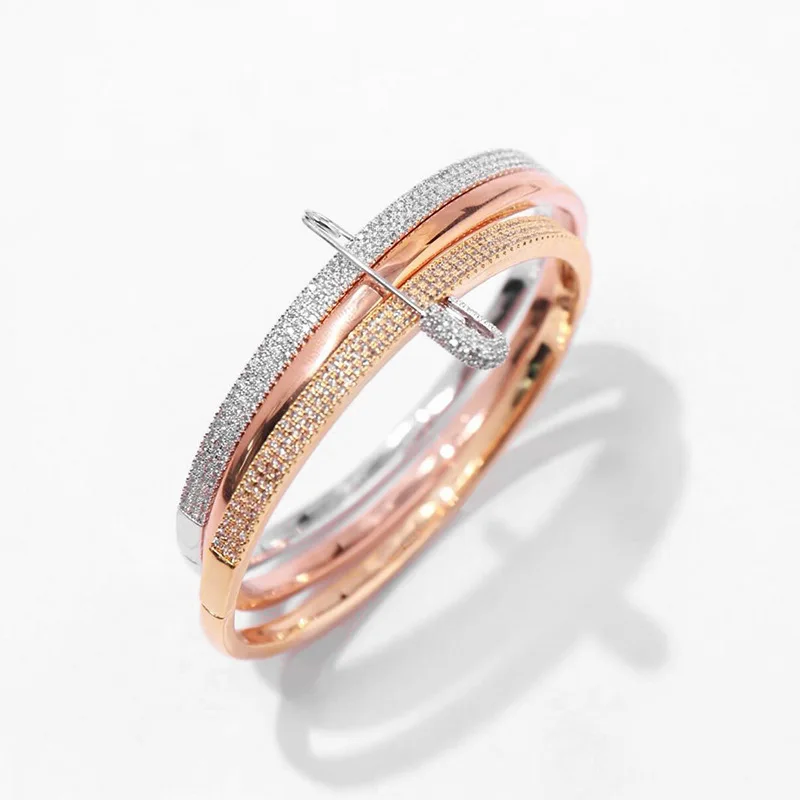 

Gold Silver Rose Gold 3 Tone Color Pin Bangle 3 in 1 Cuff Bracelet Paved AAA Zircon Stone for Women Party Jewelry