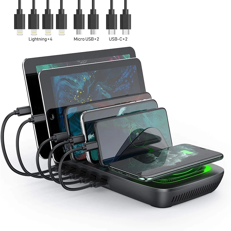 

seenda Charging Station with Wireless Charger for Multiple Device 5-Port Multi USB Fast Charger with Qi Charging Pad 8 Cables