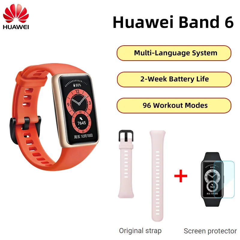 

[New] HUAWEI Band 6 Original Genuine Standard Edition Sports Band Multi-lingual + Pink Original Strap + Screen Film(Orange)