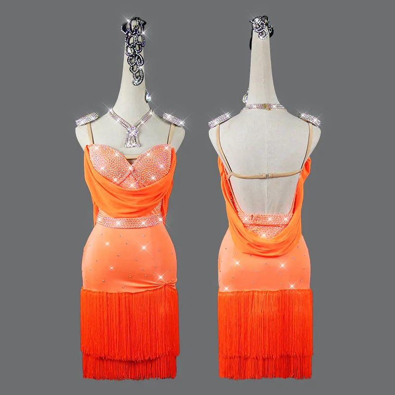 

New Latin Dance Dress Women Competition Costumes Custom Practice Skirts Shining Crystal Orange Thick Fringed Latin Dresses