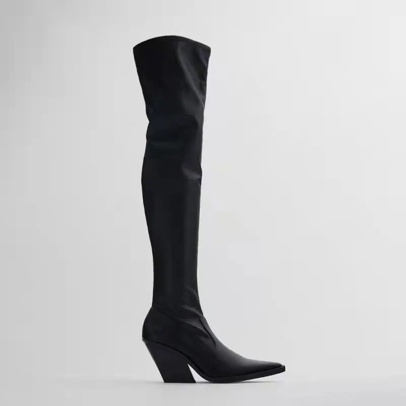 

2021 Autumn Winter Women's Stretch Boots Pointed Toe Thick Heel Knight Socks Over-the-knee Boots Thigh Boots Botas Femininas