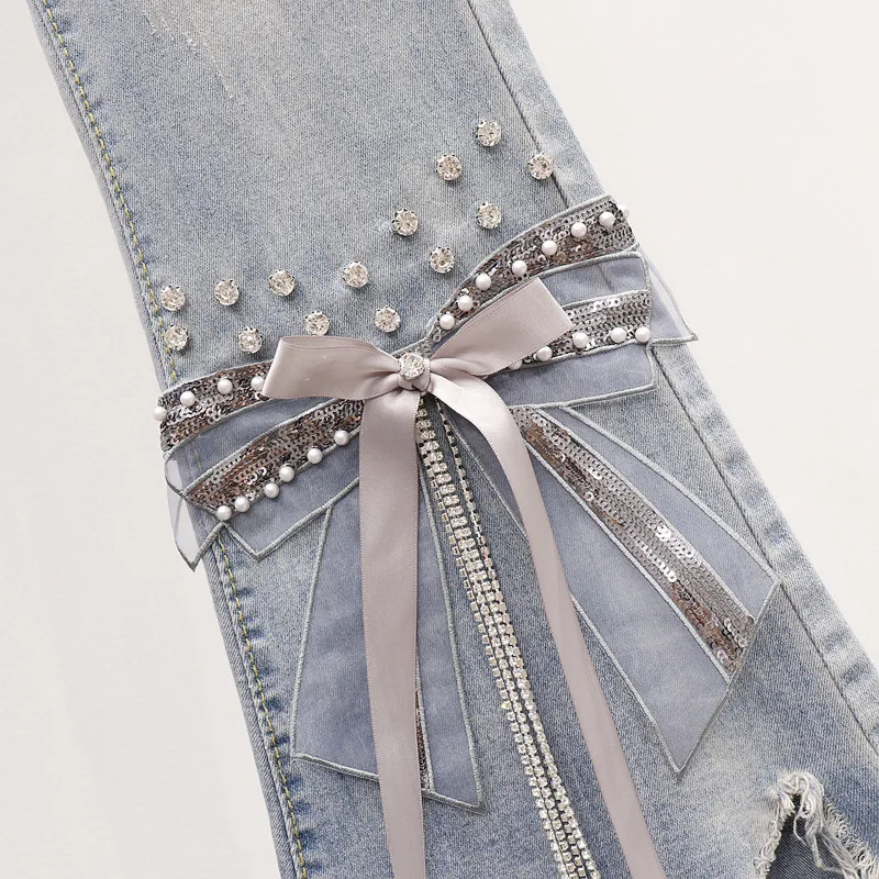 

Conjunto de dos piezas de verano para mujer, camiseta con lazo con cuentas y pantalones vaqueros acampanados rasgados, conjunto