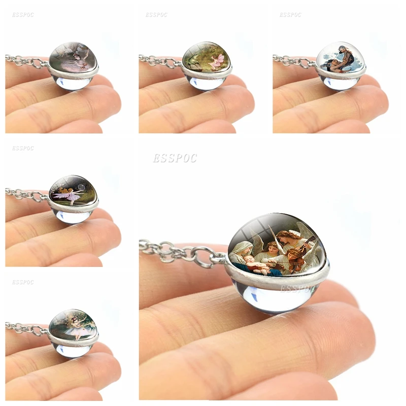 

Fairy Tale Pendant Chain Double Sided Glass Ball Necklace Angel Keychain Angel Wings Little Fairy Art Photo Charm Jewelry