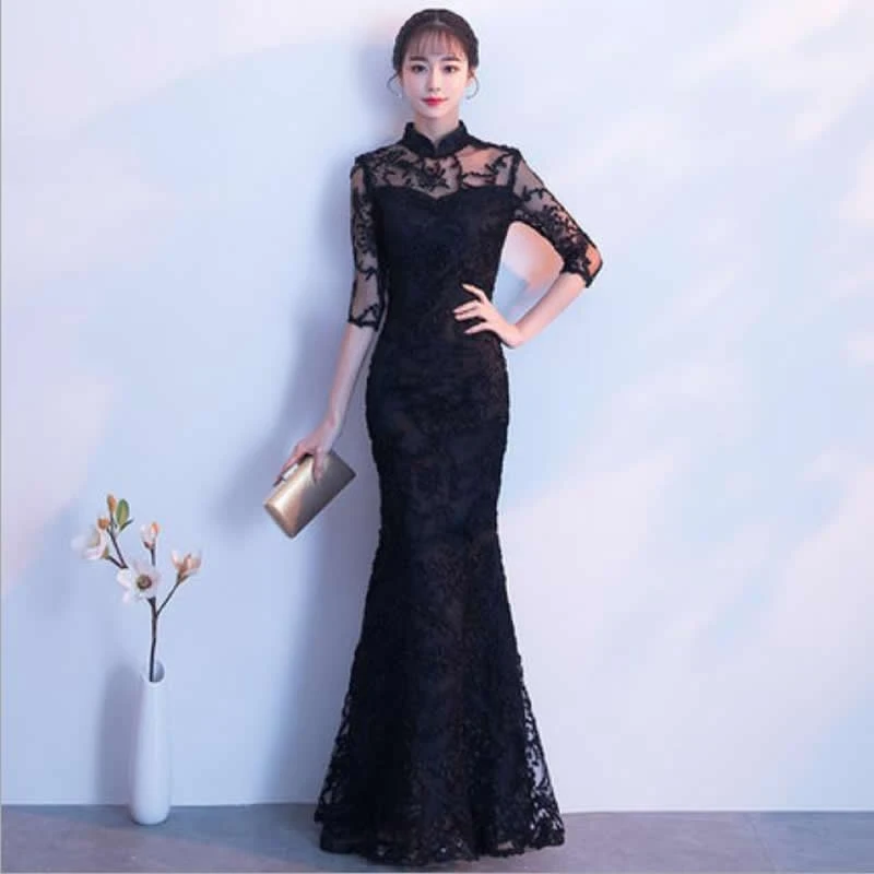 

Wine Red Mermaid Chinese Wedding Dress Women Lace Cheongsam Vestido Oriental Style Evening Dresses Sexy Long Qipao Party Gown