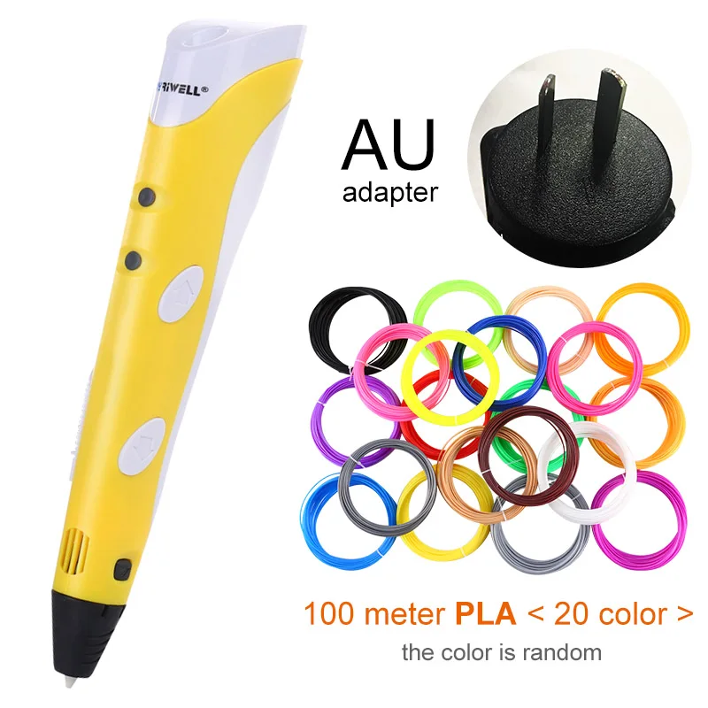 Myriwell, 3D Ручка,, сделай сам, 3D печать, ручка с 100 м ABS/PLA нитью, креативная игрушка, подарок для детей, дизайнерский рисунок - Цвет: Yellow AU-100m PLA