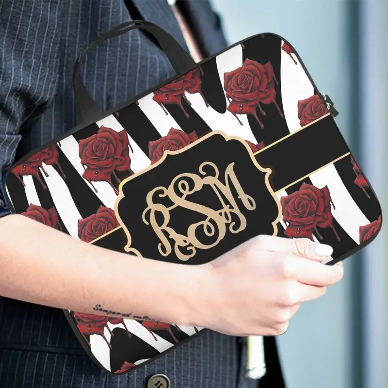 

Monogram Letter Red Rose Flowers Laptop Sleeve Stylish Graphic Tablet Case Scratch Resistant Polyester Notebook Carrying Case fo