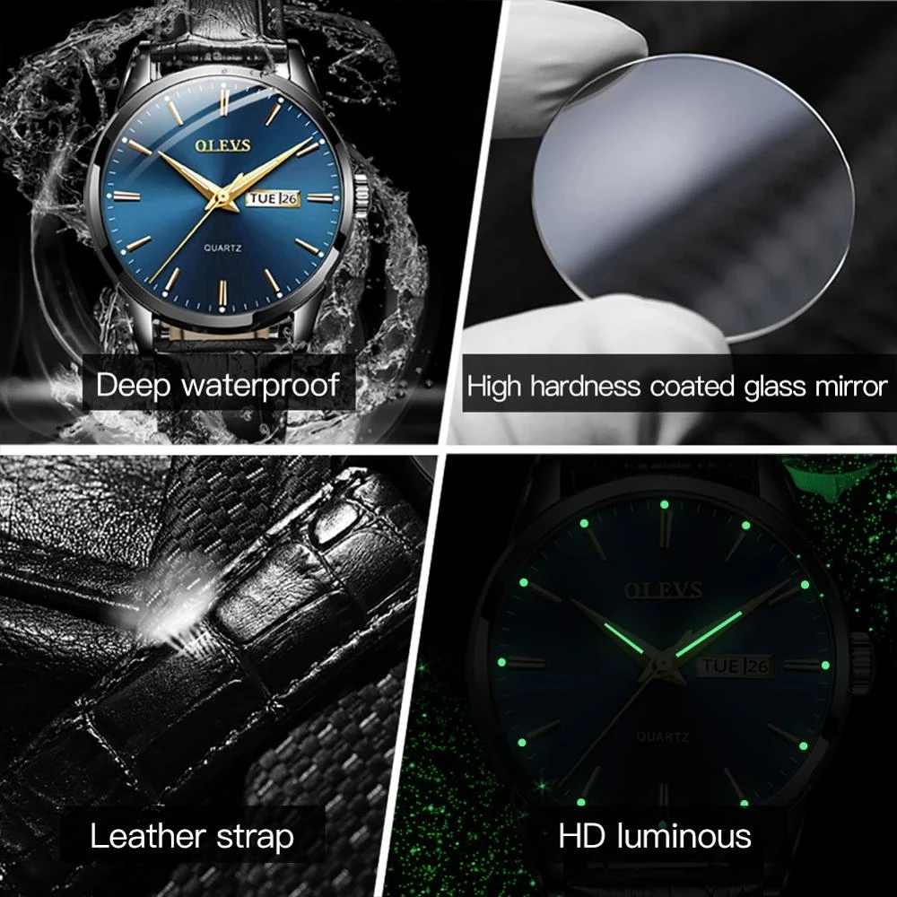 

OLEVS Ultra-thin Luxury Watch Men Quartz Waterproof Leather Strap Army Business Casual Lover Watch double calendar Relogio Clock
