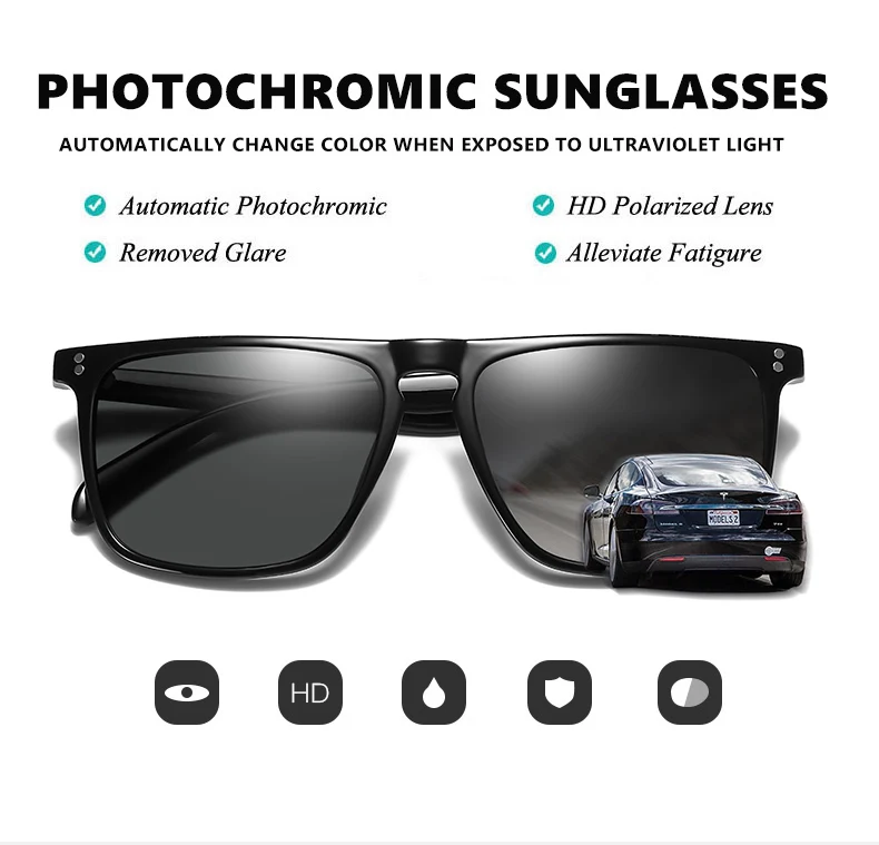 Brand Designer Rivet Square Photochromic Polarized Sunglasses Tony Stark Men Unisex Retro Sun Glasses Women gafas de sol hombre