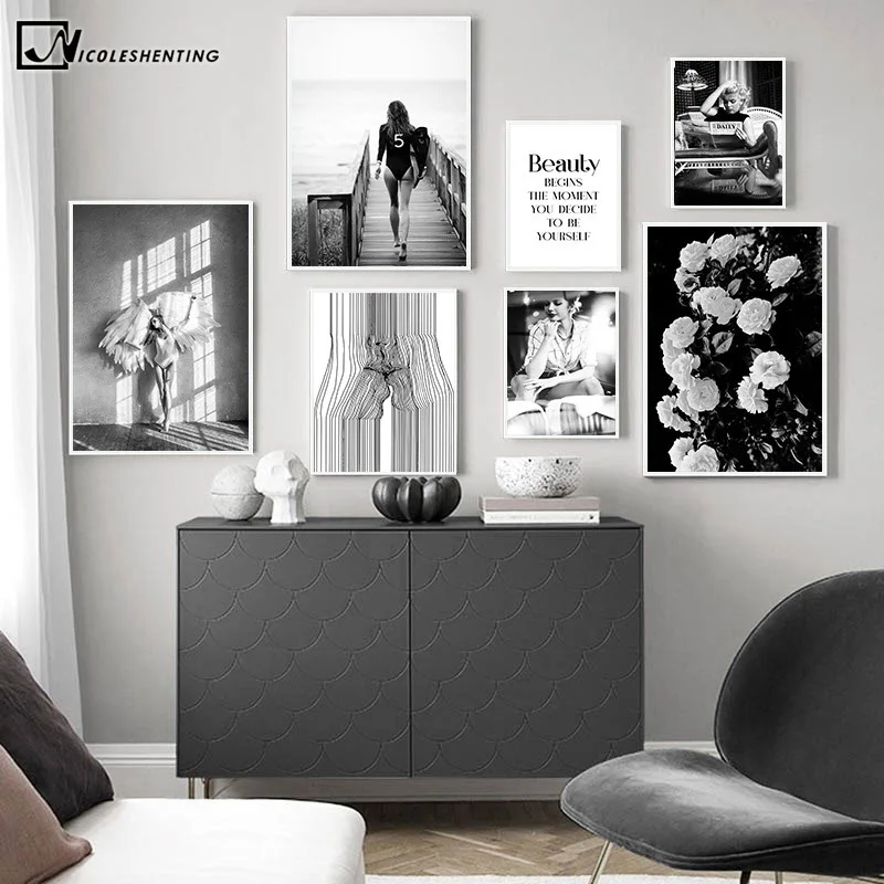 Модный плакат черный белый цветок фильм звезда холст печать настенная живопись