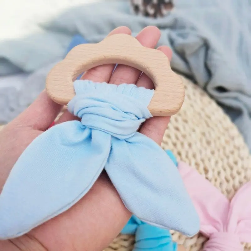 

Baby Wooden Teether Ring Bunny Ear Animal Chewable Teething Molar Play Gym Toys