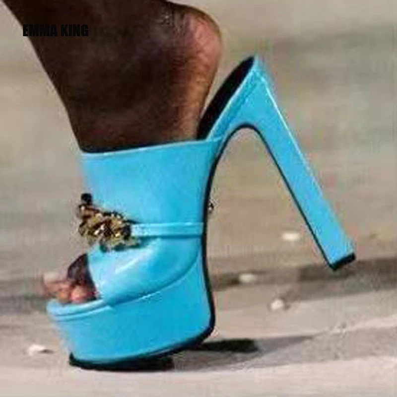 

Women Shoes Summer Slippers Sliders Female 2021 Patent Leather Platform Super Heel Shoes Metal Decor Outdoor Slipper