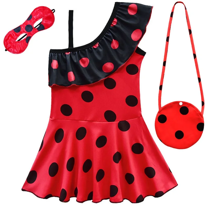 Летний купальный костюм для девочек в красный и черный горошек с косыми плечами