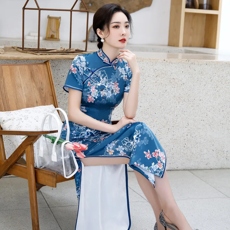 

Women Prined Satin Handmade Button Qipao Elegant Short Sleeve Orientale Banquet Chinese Mandarin Collar Cheongsam Oversize 4XL