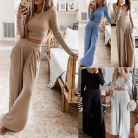 2021 fall women knitted rib solid color two piece sets ladies long sleeves o neck topslong pants casual elegant leisure suit