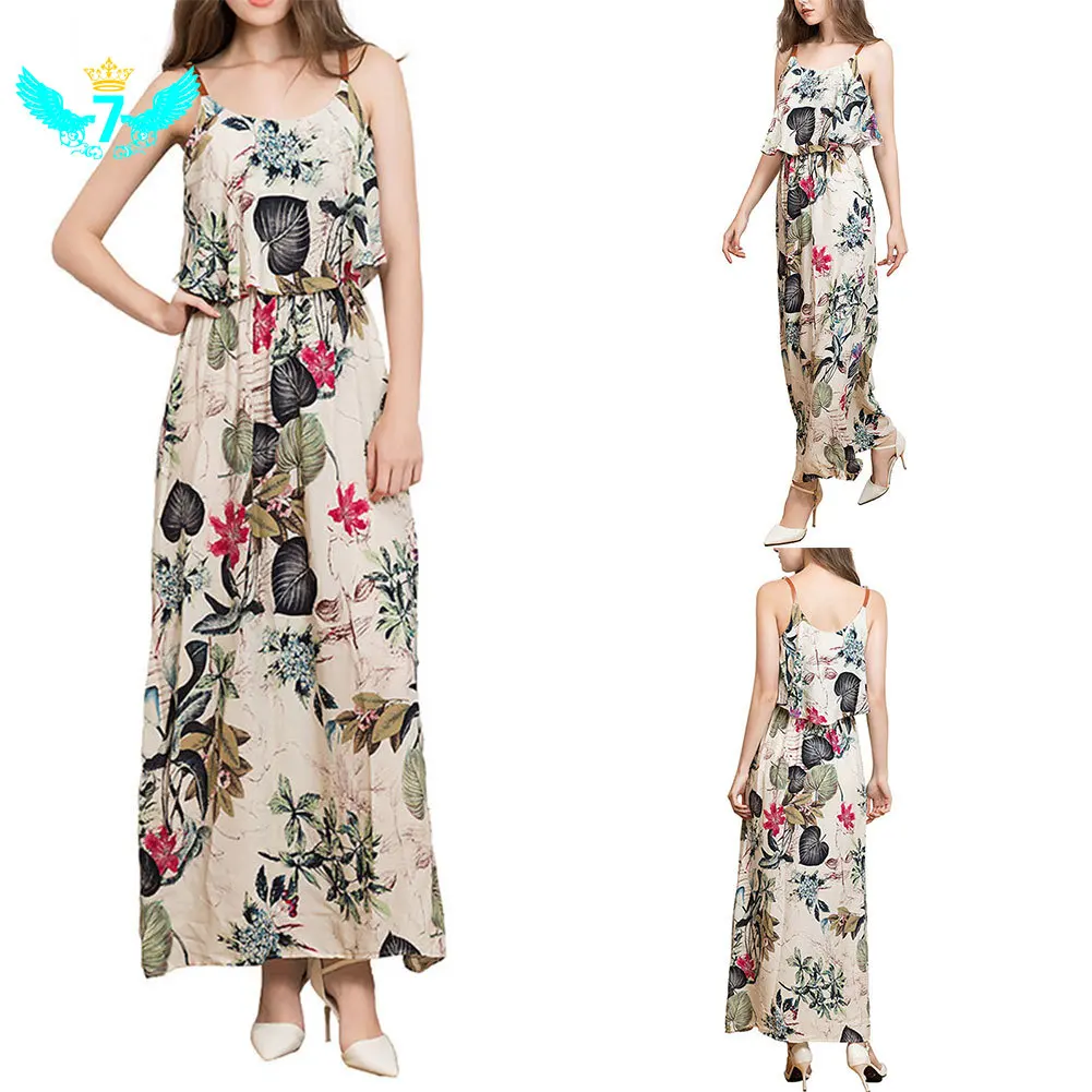 Модное летнее женское платье с принтом длинное на бретелях оборками без рукавов