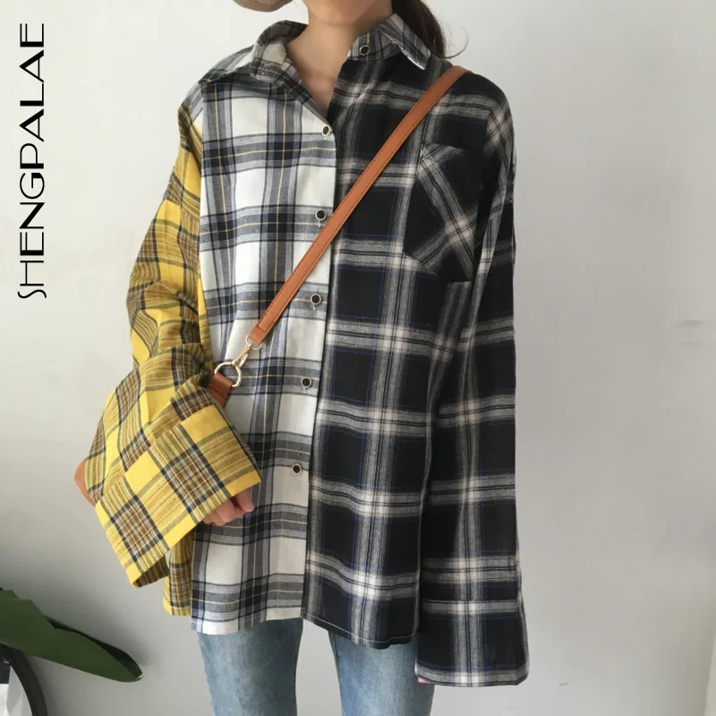 

SHENGPALAE 2021 New Spring Lattice Hit Color Shirt Female Tops Long Sleeve Casual Turn-down Collar Women's Loose Blouse ZA3318