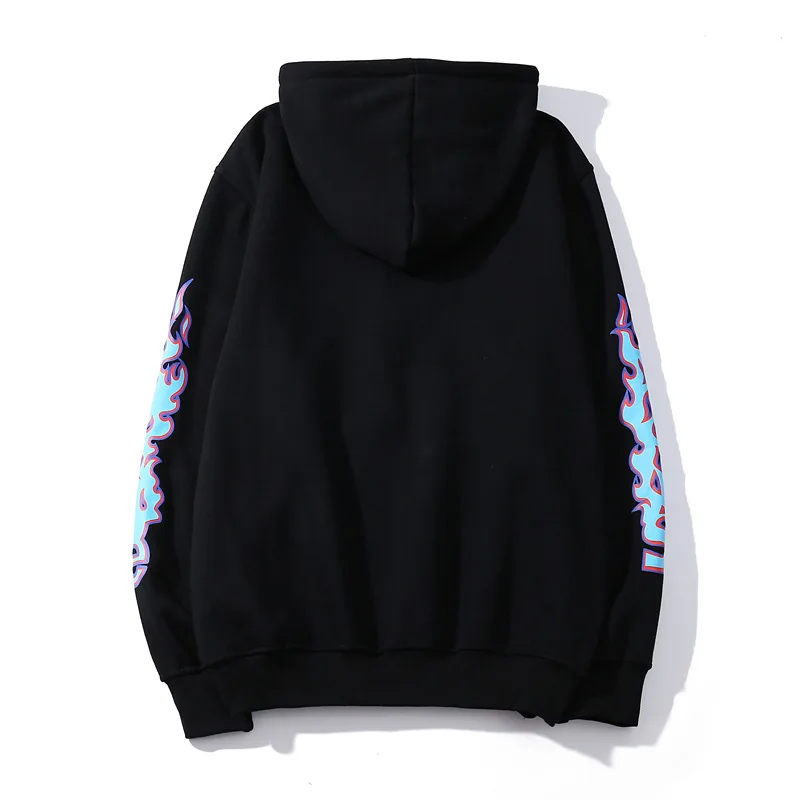 Autumn And Winter New Blue Color Flame Kylin Arm Printed Men's Women's plus Velvet Hooded Coat Thick Underwear Hoodie Fashion