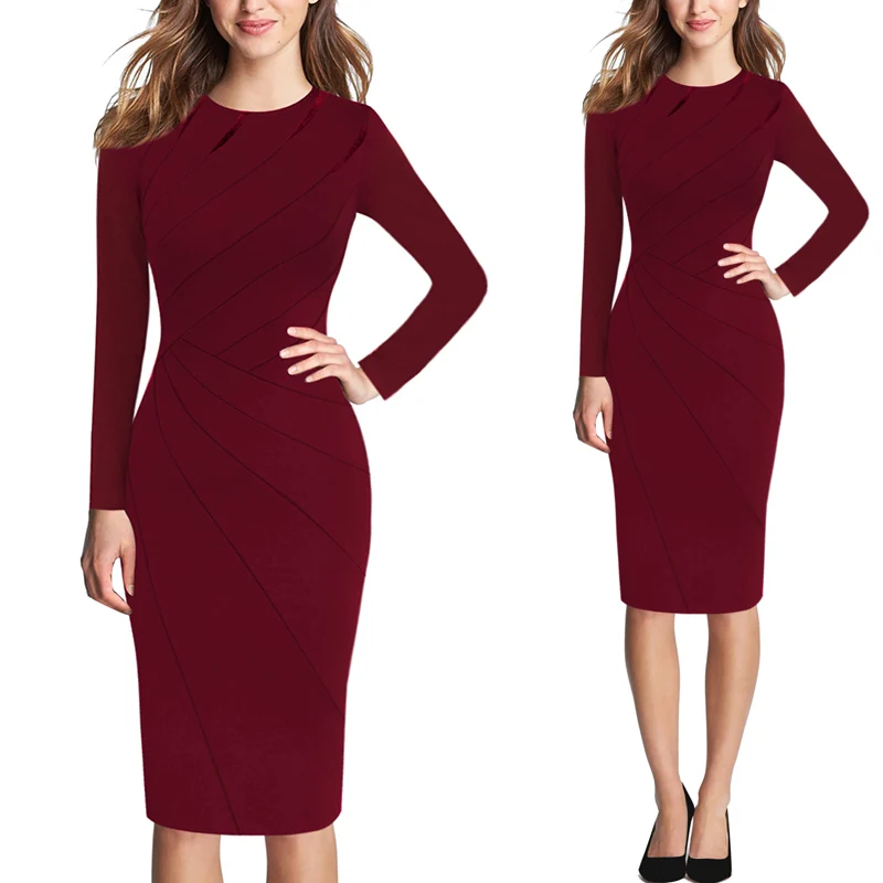 Dark Red 2 Vfemage женское осенне-зимнее элегантное облегающее платье в стиле пэчворк на каждый день для работы, бизнеса, офиса, вечерние облегающее платье-футляр 1045 - Цвет: Dark Red 2