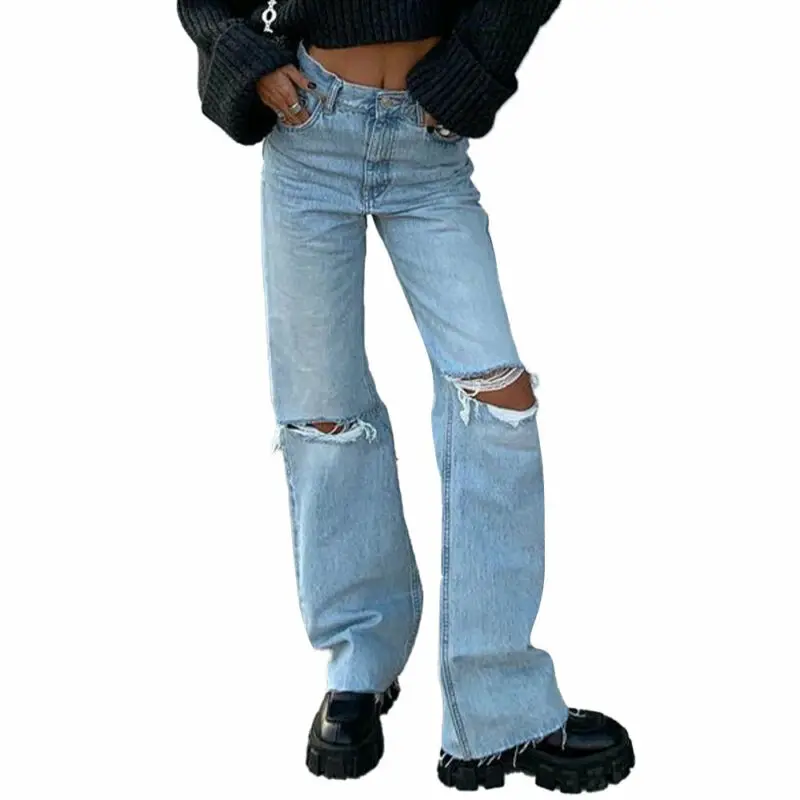 

Women Loose Destroyed Frayed Jeans Baggy Denim Pants Casual Oversized Trousers