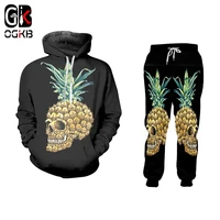 ogkb 3d pineapple skull personality set printed jogging pants and hoodies set for men casual sportswear streetwear dropshipping