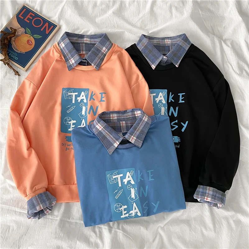 

Harajuku Autumn new Fake two Hoodies women Fashion letter Print thin Sweatshirts Woman Casual korean Sudaderas clothes for teens