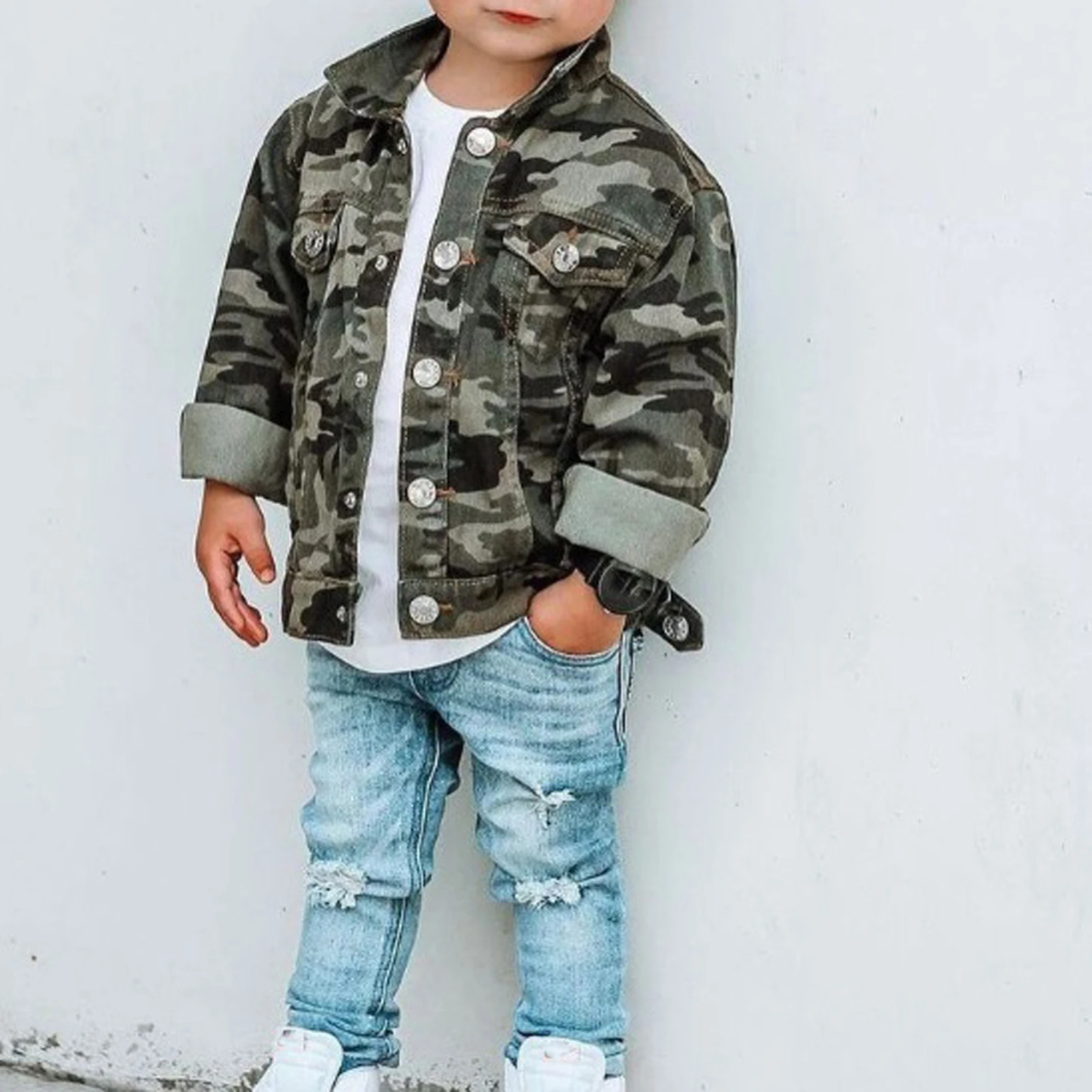 

Toddler Baby Boys Autumn Camouflage Jacket Camo Lapel Long Sleeve Button-Down Casual Shirt Coat for Kids 1-6 years Army Green