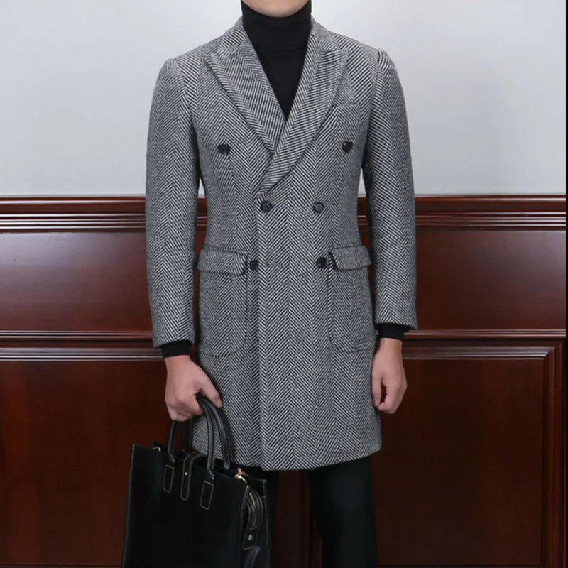 2020 красивый мужской костюм двубортный с узором в елочку Длинный блейзер смесь