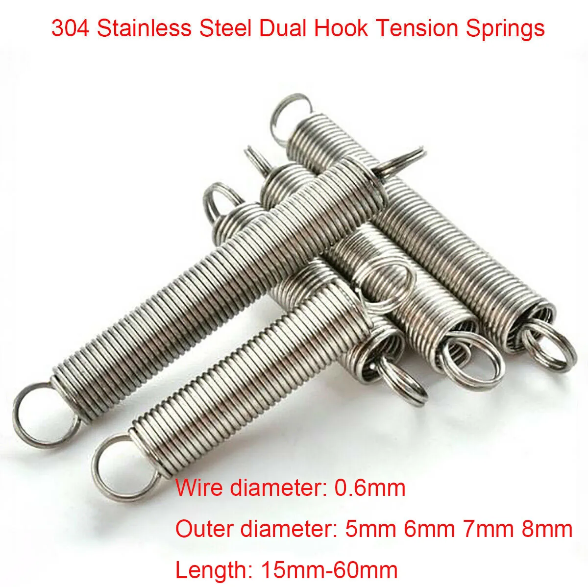 

10Pcs 0.6mm Wire Dia 304 Stainless Steel Dual Hook Tension Extension Spring Outer Dia 5 / 6 / 7 / 8mm Length 15mm - 60mm