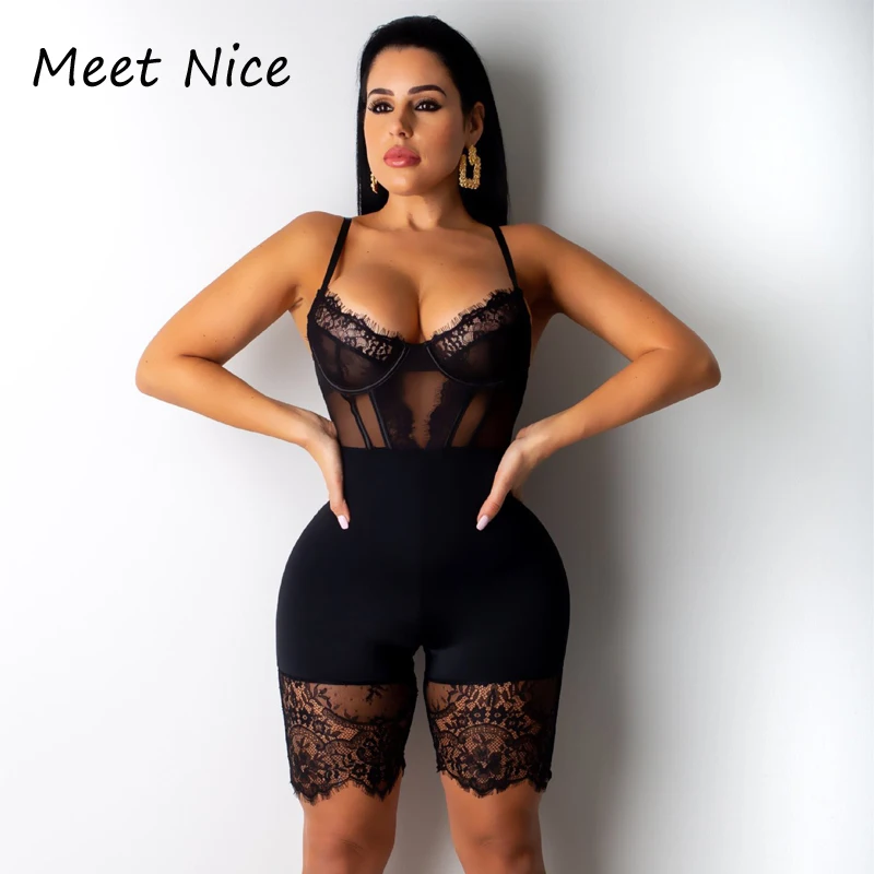 

Sexy Spaghetti Straps See Through Mesh Splice Lace Playsuit Hollow Out Backless Short Jumpsuit Women Party Club Wear Rompers