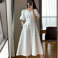 vintage french holiday white dress short puff sleeves round neck tunic zip front a line slim dress elegant party summer 2022
