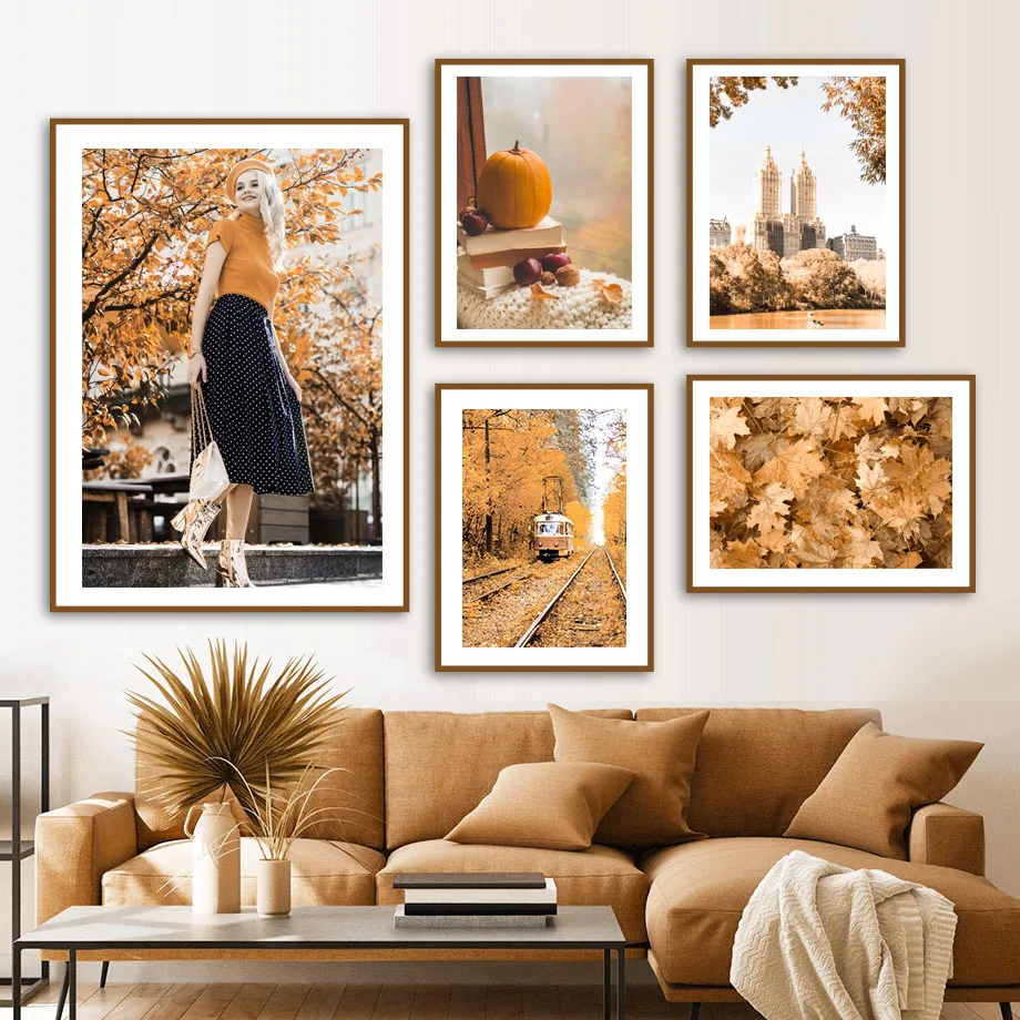 

Autumn Pumpkin Leaves Tram Girl Car City Nordic Posters And Prints Wall Art Canvas Painting Wall Pictures For Living Room Decor