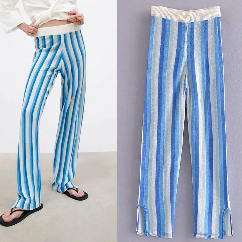 

KUMSVAG Women Summer Vintage Striped Linen Straight Pants 2021 ZA Elastic waist Female Fashion Street Full Length Pants Trousers
