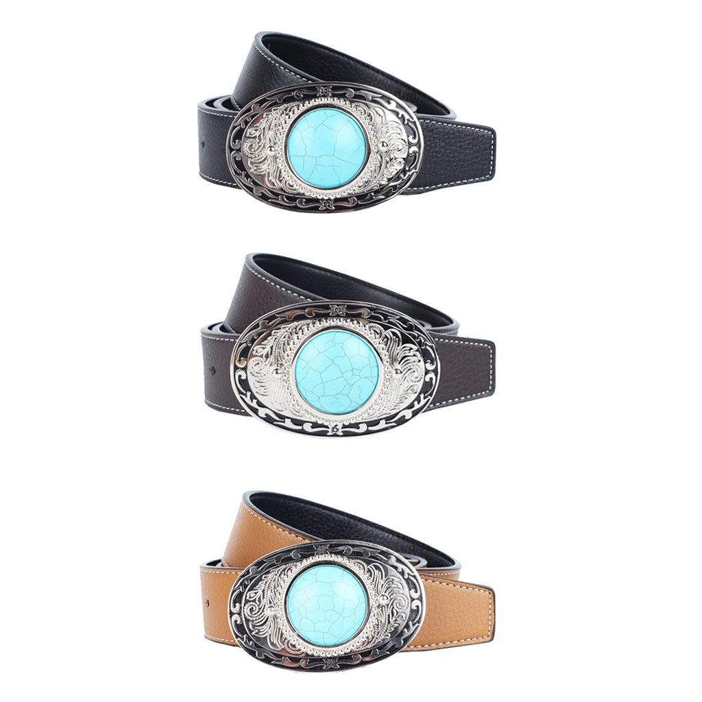 

Vintage Western Cowboy Leather Belt Strap Turquoise Metal Buckle Adjustable