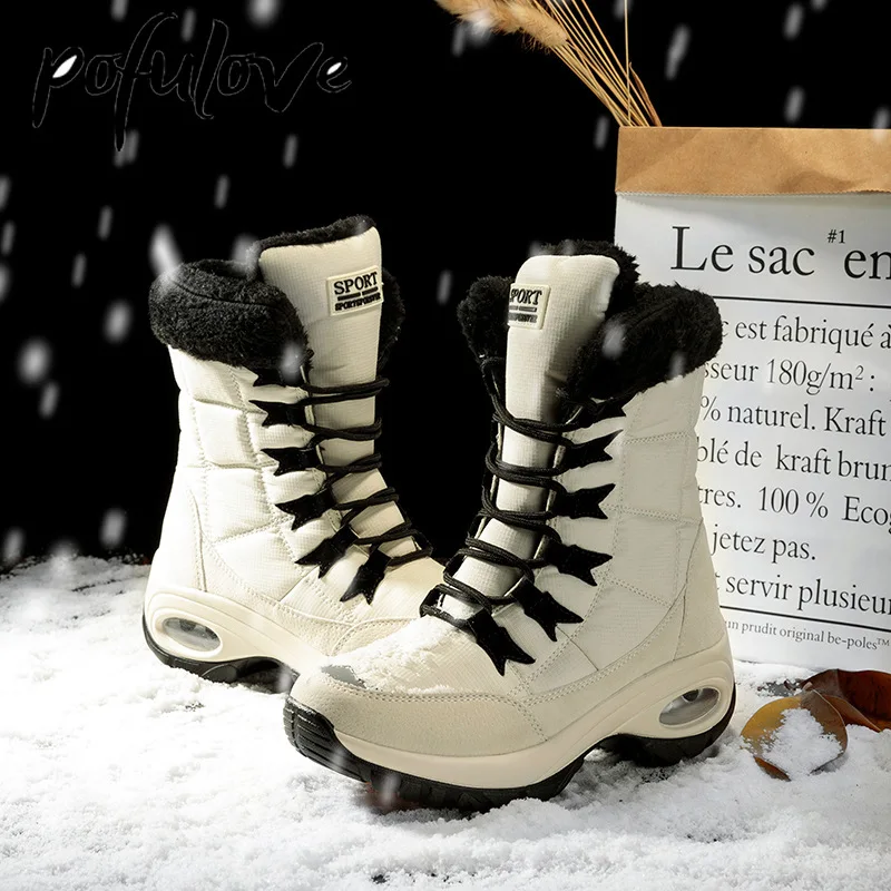 

Pofulove Women's Snow Boots Winter Shoes Fur Boots Ankle Booties Plush Velvet Warm Shoes Black White Platform Boots Chunky Botas