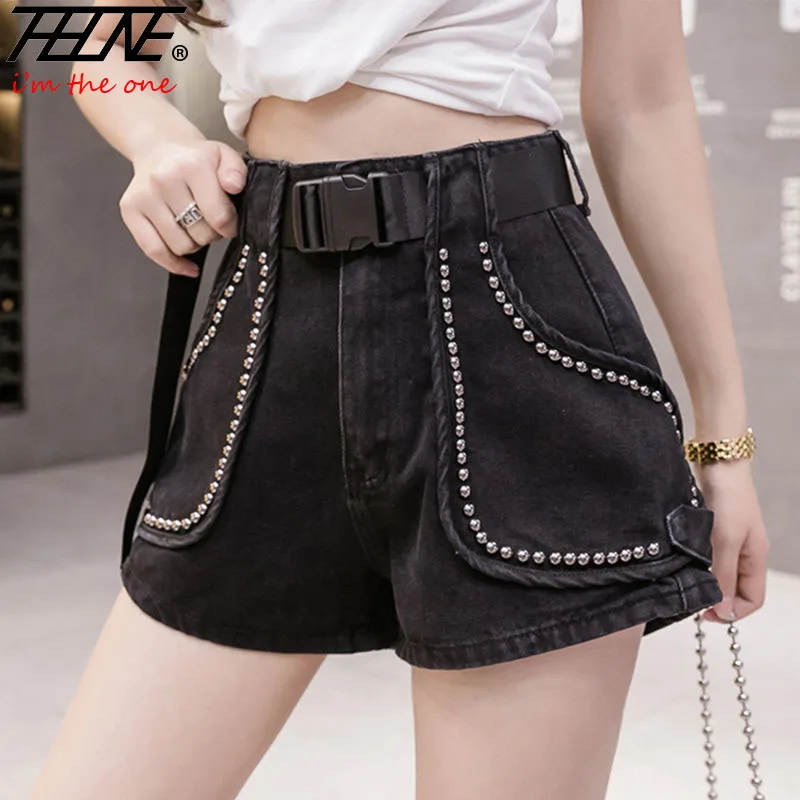 Женские джинсовые шорты THHONE черные с высокой талией и заклепками дизайнерские