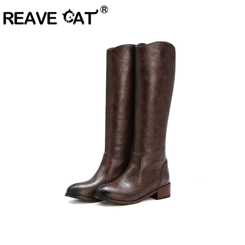 

Женские ковбойские сапоги до колена REAVE CAT, новые осенние дизайнерские сапоги с круглым носком для верховой езды, желтые сапоги больших разм...