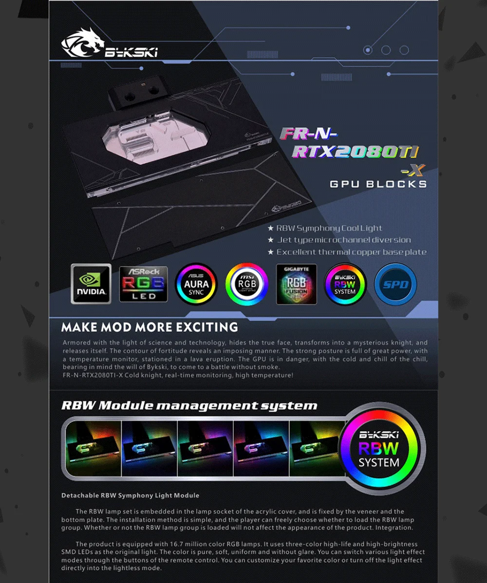 Bykski FR-N-RTX2080TI-X, водоблок, бронированный стиль с цифровой термометром, для Nvida Founder Edition RTX2080/2080Ti