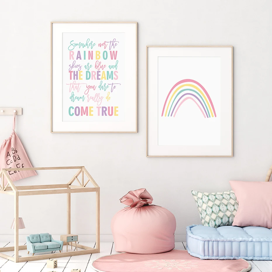 

Pink Rainbow Dream Quotes Nursery Girls Prints on Canvas Home Decorations Paintings Poster Prints Wall Art Picture for Bedroom
