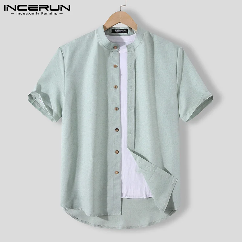 

2021 Men Shirt Stand Collar Short Sleeve Harajuku Streetwear Leisure Camisas Solid Color Button Casual Men Clothing INCERUN 3XL