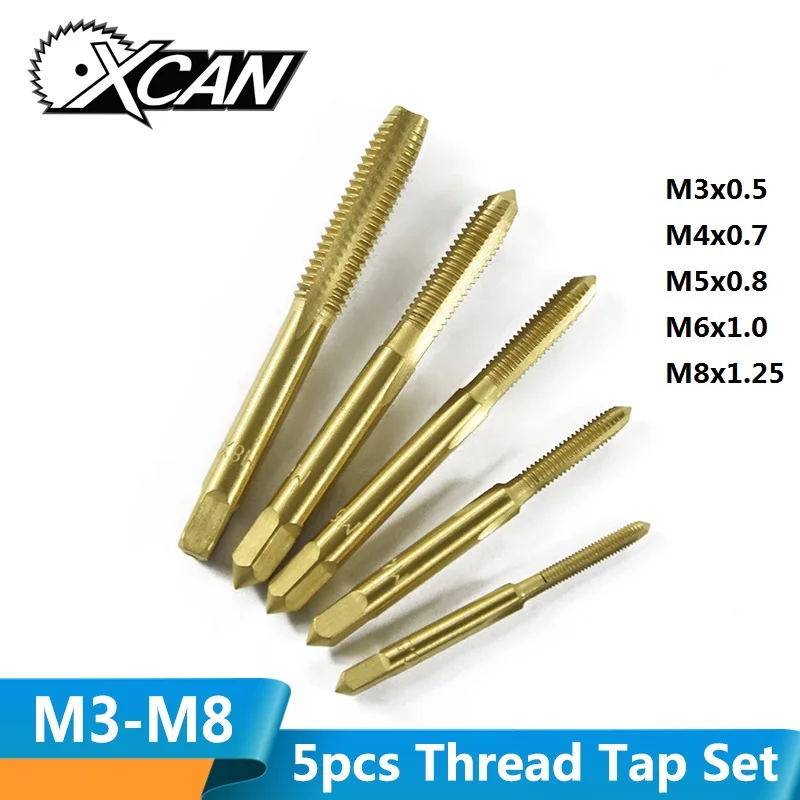 XCAN 5 шт. M3 M4 M5 M6 M8 титановое покрытие метрический резьбовой кран Набор HSS 6542 резьбовое отверстие кран сверлильный станок кран